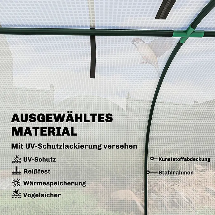 Outsunny Gewächshaus - Außenmaß inkl. Dachüberstand (B x T): 395 x 100 cm, Material Seitenwand: Kunststoff, 0,3 mm, Grün - Gewächshaus mit dunkelgrünem Stahlrahmen und transluzenter, gitterverstärkter Kunststoffabdeckung, mit UV-Schutz, Reißfestigkeit und Wärmespeicherung.