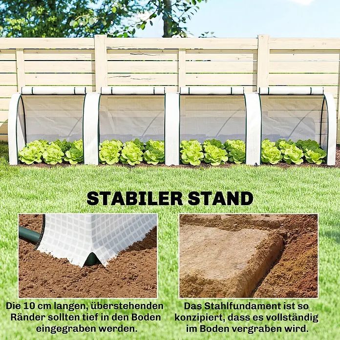 Outsunny Gewächshaus - Außenmaß inkl. Dachüberstand (B x T): 395 x 100 cm, Material Seitenwand: Kunststoff, 0,3 mm, Grün - Mehrere Frühbeete in einem Garten mit Salat. Das Design betont Stabilität durch 10 cm breite Ränder und ein im Boden vergrabenes Stahlfundament.