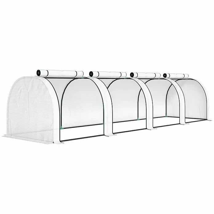 Furnicato Gewächshaus - 100 x 395 cm, Material Seitenwand: Stahl, 14 mm, Grün - Weißes, gittergemustertes Tunnelgewächshaus mit dunklem Rahmen und mehreren aufrollbaren Lüftungspaneelen.
