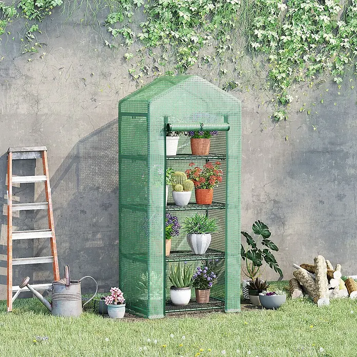 Outsunny Gewächshaus - 70 x 50 cm, Material Seitenwand: Kunststoff, 0,3 mm, Grün - Grünes Mini-Gewächshaus mit mehreren Ablagen für Topfpflanzen zum Schutz im Freien.