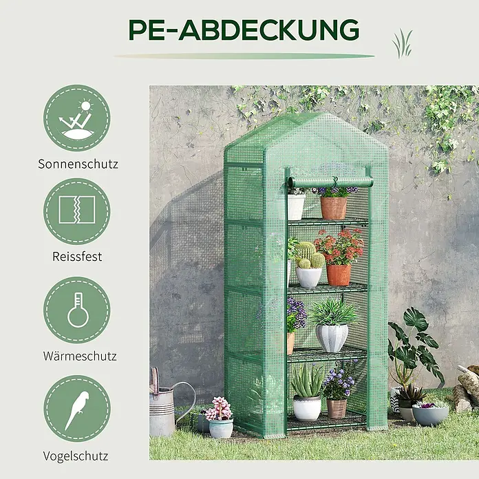 Outsunny Gewächshaus - 70 x 50 cm, Material Seitenwand: Kunststoff, 0,3 mm, Grün - Grünes PE-Gewächshaus mit mehreren Regalen für Topfpflanzen im Garten.