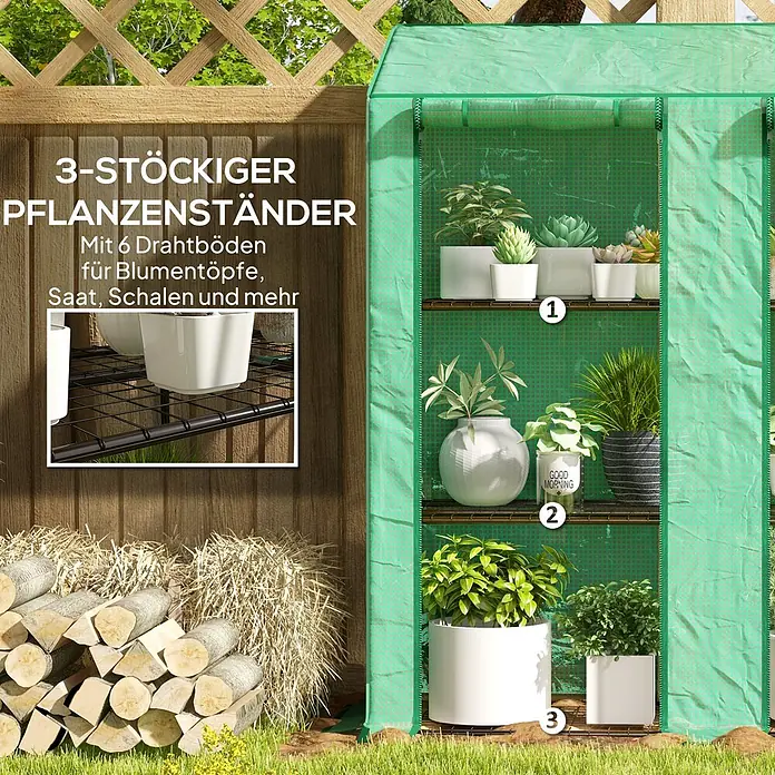 Outsunny Gewächshaus - Außenmaß inkl. Dachüberstand (B x T): 143 x 46 cm, Material Seitenwand: Kunststoff, 0,3 mm, Grün - Ein 3-stöckiger grüner Mini-Gewächsschrank mit 6 Drahtböden, in dem verschiedene Topfpflanzen stehen.