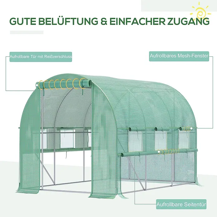 Furnicato Gewächshaus - 200 x 295 cm, Material Seitenwand: Stahl, 14 mm, grün - Grünes Netz-Gewächshaus mit aufrollbarer Reißverschlusstür, Netzfenstern und aufrollbarer Seitentür für einfachen Zugang und Belüftung.