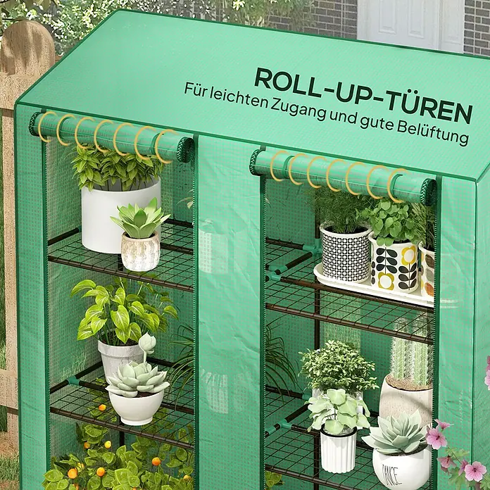 Outsunny Gewächshaus - Außenmaß inkl. Dachüberstand (B x T): 143 x 46 cm, Material Seitenwand: Kunststoff, 0,3 mm, Grün - Grünes tragbares Gewächshaus mit Roll-Up-Türen und Regalen voller Pflanzen für einfachen Zugang und Belüftung.