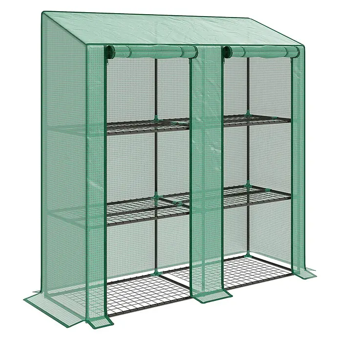 Furnicato Gewächshaus - 46 x 143 cm, Material Seitenwand: Stahl, 14 mm, Grün - Grünes tragbares Gewächshaus mit lichtdurchlässiger Abdeckung, schrägem Dach, aufrollbarer Vorderseite und sechs Drahtregalen.