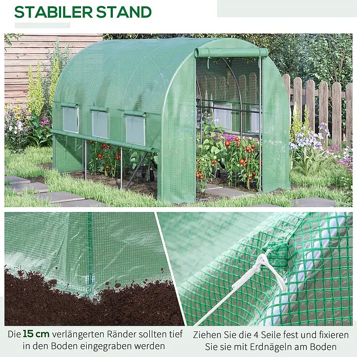 Furnicato Gewächshaus - 200 x 295 cm, Material Seitenwand: Stahl, 14 mm, grün - Grünes Gewächshaus im Garten, mit verlängerten Rändern zum Eingraben und Seilen zur Bodenfixierung für Stabilität.
