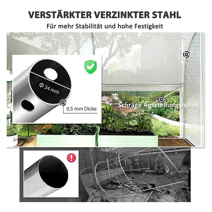 Furnicato Gewächshaus PE-Abdeckung - 200 x 300 cm, Material Seitenwand: Stahl, 14 mm, Grau - Verstärktes verzinktes Stahlrohr (Ø 24mm, 0,5mm dick) mit Schrägverstrebungen für hohe Stabilität.