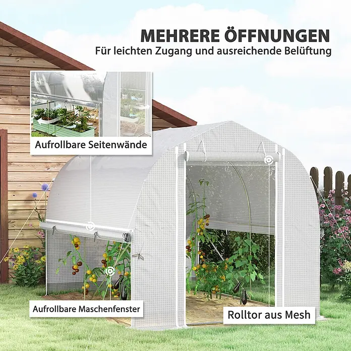 Furnicato Gewächshaus PE-Abdeckung - 200 x 300 cm, Material Seitenwand: Stahl, 14 mm, Grau - Weißes Gewächshaus mit aufrollbaren Seitenwänden, Netzfenstern und Rolltor für Belüftung und Zugang zu Pflanzen.