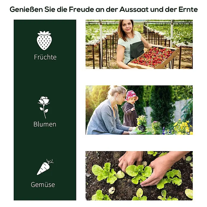 Furnicato Gewächshaus - 100 x 250 cm, Material Seitenwand: Stahl, 14 mm, grün - Menschen bei der Gartenarbeit: Erdbeeren ernten, Blumen mit Kind pflanzen und Salat setzen.