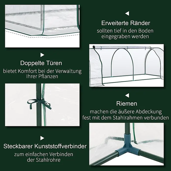 Furnicato Gewächshaus - 100 x 250 cm, Material Seitenwand: Stahl, 14 mm, grün - Gewächshaus mit transparenter Abdeckung und grünem Stahlrahmen: Doppeltüren, Eingrabränder, Befestigungsgurte, Rohrverbinder.