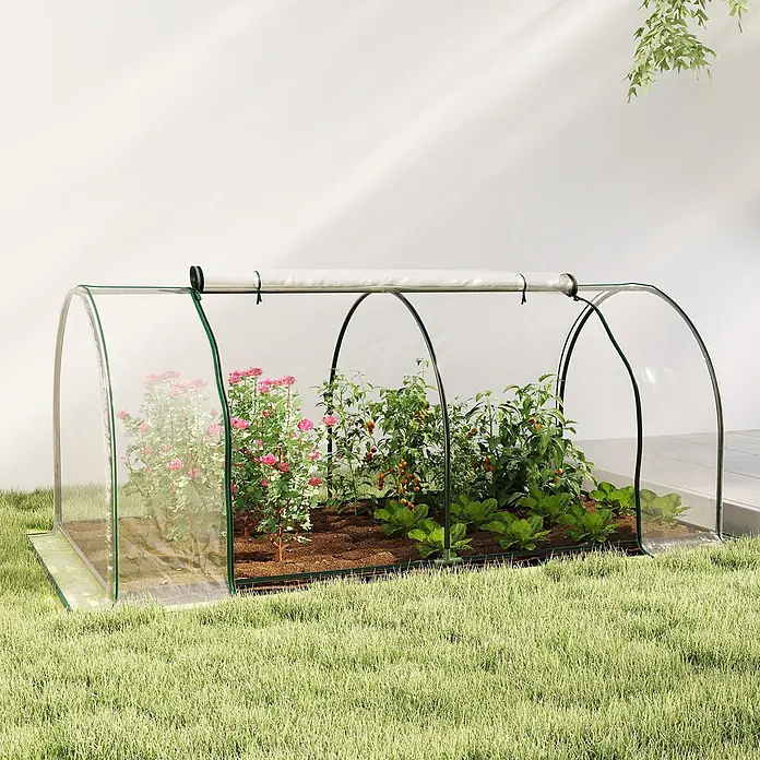 Furnicato Gewächshaus - 100 x 250 cm, Material Seitenwand: Stahl, 14 mm, grün - Transparentes Gewächshaus aus Kunststoff mit grünem Rahmen schützt Rosen, Tomaten und Gemüse im Garten.