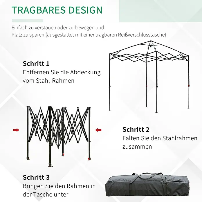 Outsunny Gewächshaus - 178 x 238 cm, Material Seitenwand: Kunststoff, 0,6 mm, Grün - Schritte zum Falten und Verstauen eines schwarzen Stahl-Pavillonrahmens in seiner Tragetasche.