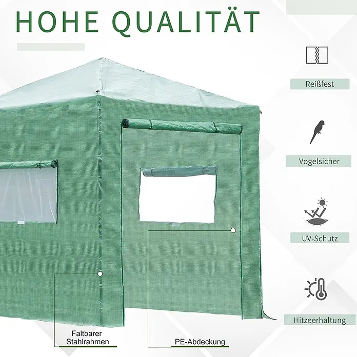 Outsunny Gewächshaus - 178 x 238 cm, Material Seitenwand: Kunststoff, 0,6 mm, Grün - Grünes Gewächshaus mit aufrollbaren Fenstern und Tür, aus reißfester PE-Abdeckung und faltbarem Stahlrahmen.