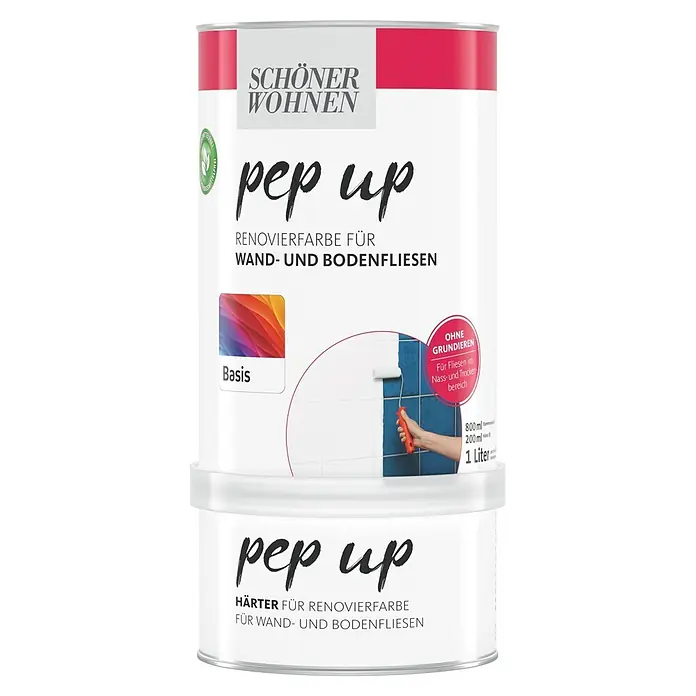 SCHÖNER WOHNEN-Farbe Mix Renovierfarbe für Wand- und Bodenfliesen - Basismischfarbe 4, Glänzend, 1 l, Wasserbasiert - Zwei weiße Dosen „Schöner Wohnen pep up“ Fliesen-Renovierfarbe (1 Liter), inkl. Härter.