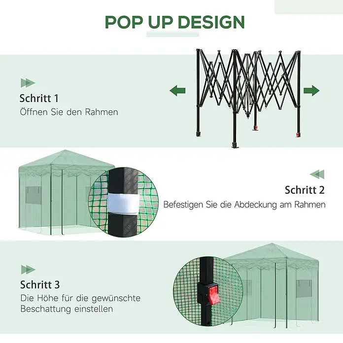 Outsunny Gewächshaus - 178 x 238 cm, Material Seitenwand: Kunststoff, 0,6 mm, Grün - Anleitung zum Aufbau eines grünen Pop-up-Pavillons in 3 Schritten, inklusive Rahmen, Abdeckung und Höhenverstellung.