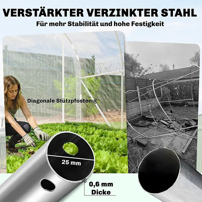 Outsunny Gewächshaus - 195 x 295 cm, Material Seitenwand: Kunststoff, 0,6 mm, Transparent - Detailaufnahme eines verstärkten verzinkten Stahlrohrs (25mm Durchmesser, 0,6mm Dicke) für ein stabiles Gewächshaus, daneben ein eingestürztes.