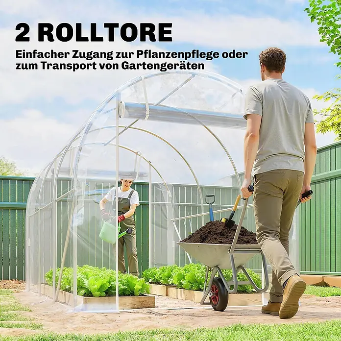 Outsunny Gewächshaus - 195 x 295 cm, Material Seitenwand: Kunststoff, 0,6 mm, Transparent - Transparentes Folientunnel-Gewächshaus mit zwei Rolltoren für einfache Pflanzenpflege und Gartengerätetransport.