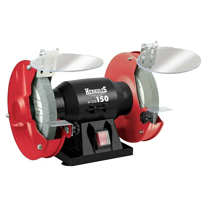 Herkules Elektro-Doppelschleifer H-DS 150 - 150 W, 2.980 U/min - Hier ist eine Doppelschleifmaschine mit zwei Schleifscheiben und einem schwarzen Gehäuse.