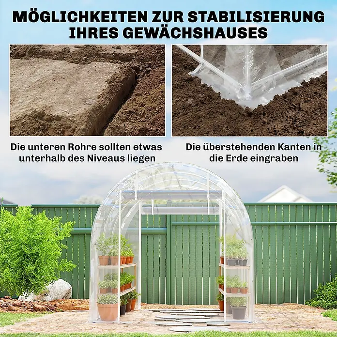 Outsunny Gewächshaus - 195 x 295 cm, Material Seitenwand: Kunststoff, 0,6 mm, Transparent - Transparentes Tunnelgewächshaus im Garten, mit Hinweisen zur Stabilisierung durch Eingraben der Basisrohre und überstehenden Kanten.