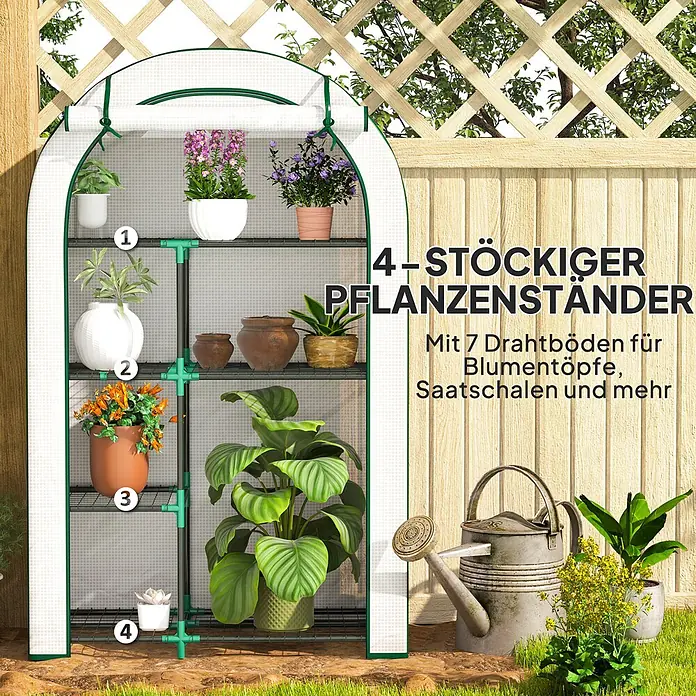 Outsunny Gewächshaus - 100 x 45 cm, Material Seitenwand: Kunststoff, 0,3 mm, Dunkelgrau - 4-stöckiger, weiß-grüner Pflanzenständer/Mini-Gewächshaus mit 7 Drahtböden, gefüllt mit verschiedenen Pflanzen im Garten.