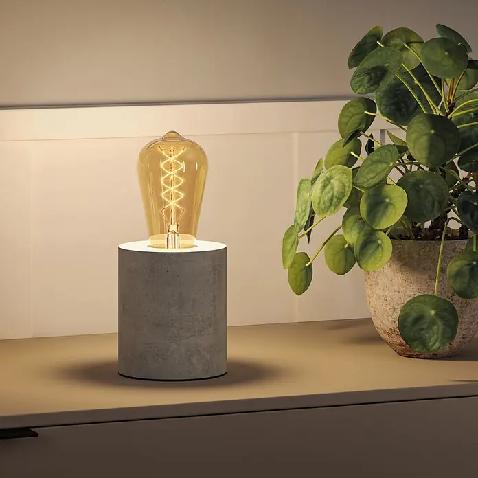 Paulmann LED-Lampe S-Form ST64 - E27, Dimmbar, Warmweiß, 300 lm, 4,2 W - Betontischleuchte mit glühender Edison-Glühbirne, wirft warmes Licht auf eine helle Oberfläche neben einer grünen Topfpflanze.