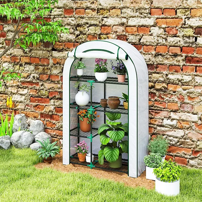 Outsunny Gewächshaus - 100 x 45 cm, Material Seitenwand: Kunststoff, 0,3 mm, Dunkelgrau - Kleines, tragbares Gewächshaus mit weißer lichtdurchlässiger Abdeckung und grünem Rand, gefüllt mit Topfpflanzen im Garten.