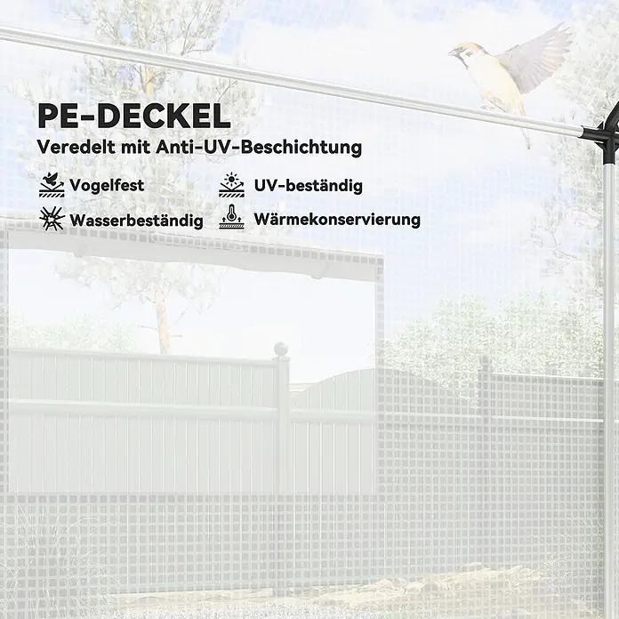 Outsunny Gewächshaus - 200 x 300 cm, Material Seitenwand: Kunststoff, 0,5 mm, Weiß - PE-Abdeckung mit Anti-UV-Beschichtung, vogel-, wasser- und UV-beständig, wärmeerhaltend.