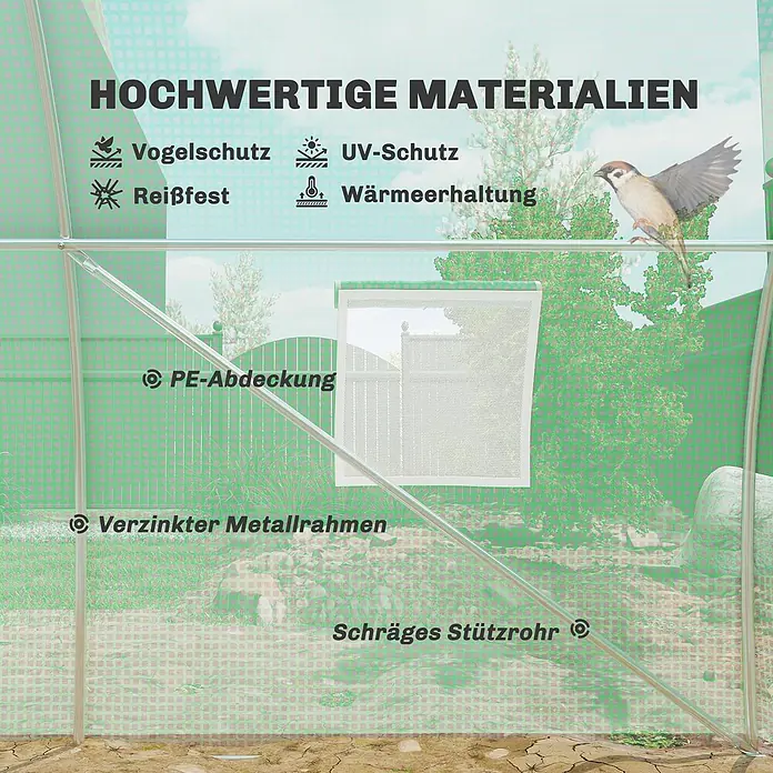 Furnicato Gewächshaus - 300 x 600 cm, Material Seitenwand: Stahl, 14 mm, Grau - Gewächshaus mit grüner PE-Abdeckung und verzinktem Metallrahmen, mit Vogel-/UV-Schutz, Reißfestigkeit und Wärmeerhaltung.