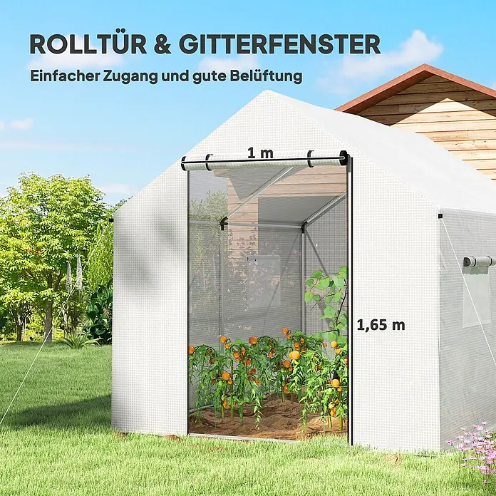 Outsunny Gewächshaus - 200 x 300 cm, Material Seitenwand: Kunststoff, 0,5 mm, Weiß - Weißes Gewächshaus mit Rolltür und Gitterfenster, zeigt Pflanzen innen. Maße von 1m Breite und 1,65m Höhe für einfachen Zugang und Belüftung.