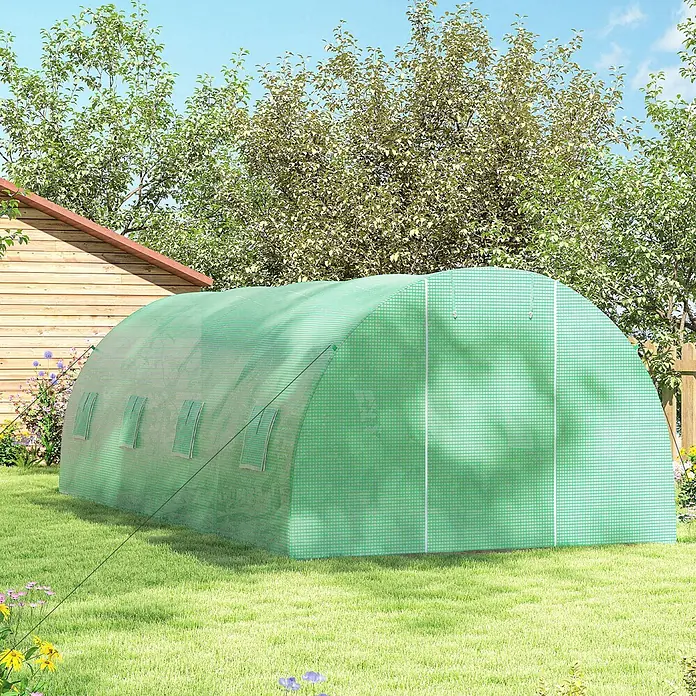 Furnicato Gewächshaus - 300 x 600 cm, Material Seitenwand: Stahl, 14 mm, Grau - Grünes bogenförmiges Tunnelgewächshaus auf Rasen mit aufrollbaren Fenstern, ideal für den Garten.