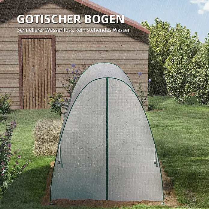 Outsunny Gewächshaus - 180 x 180 cm, Material Seitenwand: Kunststoff, 0,3 mm, Grün - Gewächshaus mit gotischem Bogen aus lichtdurchlässigem Material und grünem Rand im Garten bei Regen für schnellen Wasserablauf.