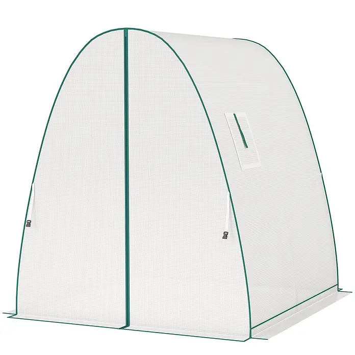 Furnicato Gewächshaus - Außenmaß inkl. Dachüberstand (B x T): 180 x 180 cm, Material Seitenwand: Kunststoff, 14 mm, weiß - Gewölbtes Mini-Gewächshaus mit durchscheinender, verstärkter Abdeckung und grünem Besatz. Mit Reißverschlussöffnung vorne und Seitenlüftung.