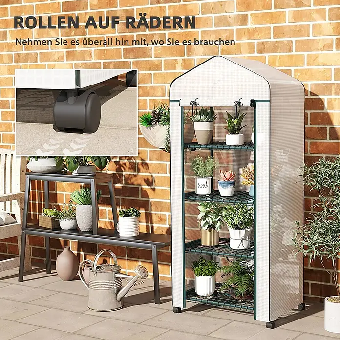Furnicato Gewächshaus - 50 x 69 cm, Material Seitenwand: Stahl, 14 mm, weiß - Tragbares Mini-Gewächshaus mit transparenter Abdeckung und mehreren Ablagen für Pflanzen, auf Rollen für leichte Bewegung.