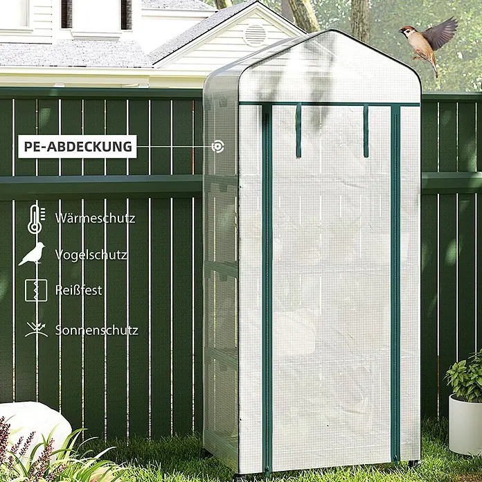 Furnicato Gewächshaus - 50 x 69 cm, Material Seitenwand: Stahl, 14 mm, weiß - Hohes, schmales Gewächshaus mit transparenter PE-Abdeckung und grünem Rahmen, für Pflanzenschutz vor Hitze, Vögeln, Rissen und Sonne.