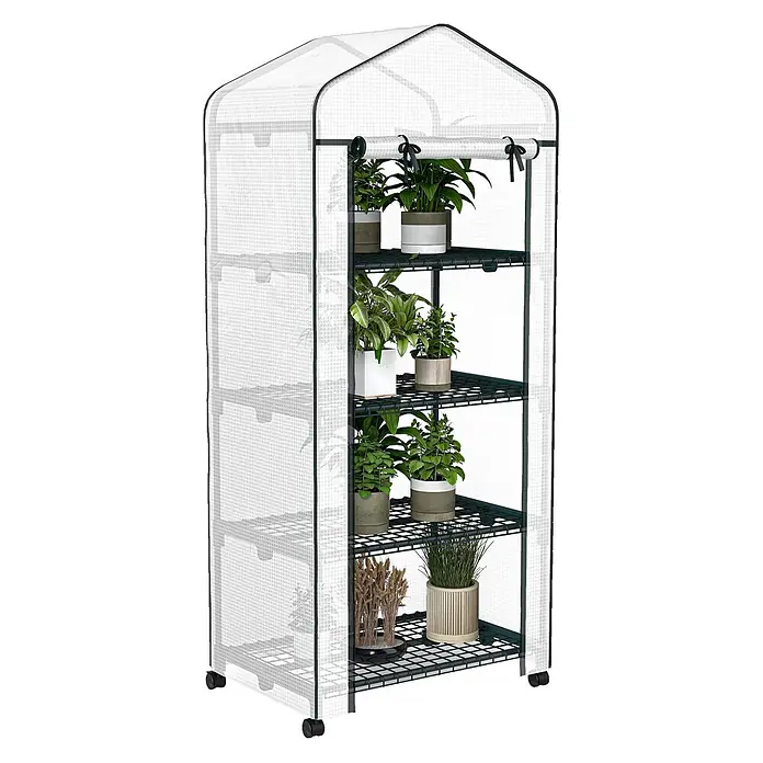 Furnicato Gewächshaus - 50 x 69 cm, Material Seitenwand: Stahl, 14 mm, weiß - Tragbares Gewächshaus mit transparenter Abdeckung, dunkelgrünem Metallrahmen, mehreren Gitterregalen, Rollen und aufrollbarer Front.