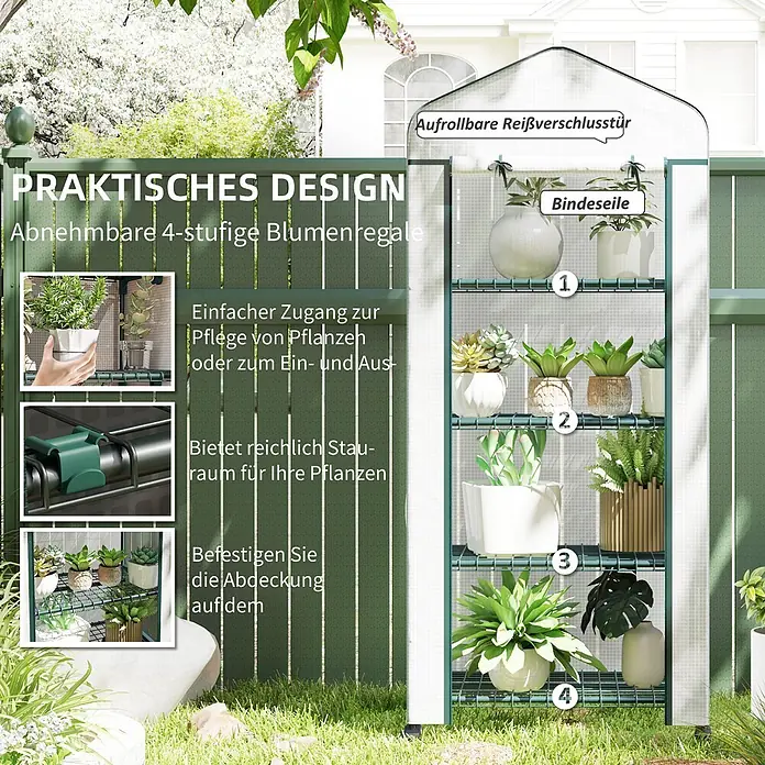 Furnicato Gewächshaus - 50 x 69 cm, Material Seitenwand: Stahl, 14 mm, weiß - Ein vierstöckiges Mini-Gewächshaus mit grünem Rahmen und transparenter Abdeckung, mit aufrollbarer Reißverschlusstür und Innenregalen für Pflanzen.