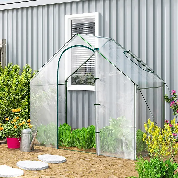 Outsunny Gewächshaus - 180 x 100 cm, Material Seitenwand: Kunststoff, 0,3 mm, Grün - Begehbares Gewächshaus mit transparenter PVC-Abdeckung und grünem Rahmen, im Garten zum Pflanzenanbau.