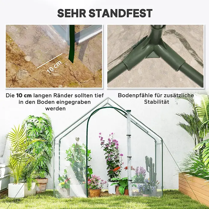 Outsunny Gewächshaus - 180 x 100 cm, Material Seitenwand: Kunststoff, 0,3 mm, Grün - Kleines Gewächshaus mit transparenter Abdeckung und grünem Rahmen. Hervorgehoben sind 10 cm Ränder zum Eingraben und Bodenpfähle für Stabilität.