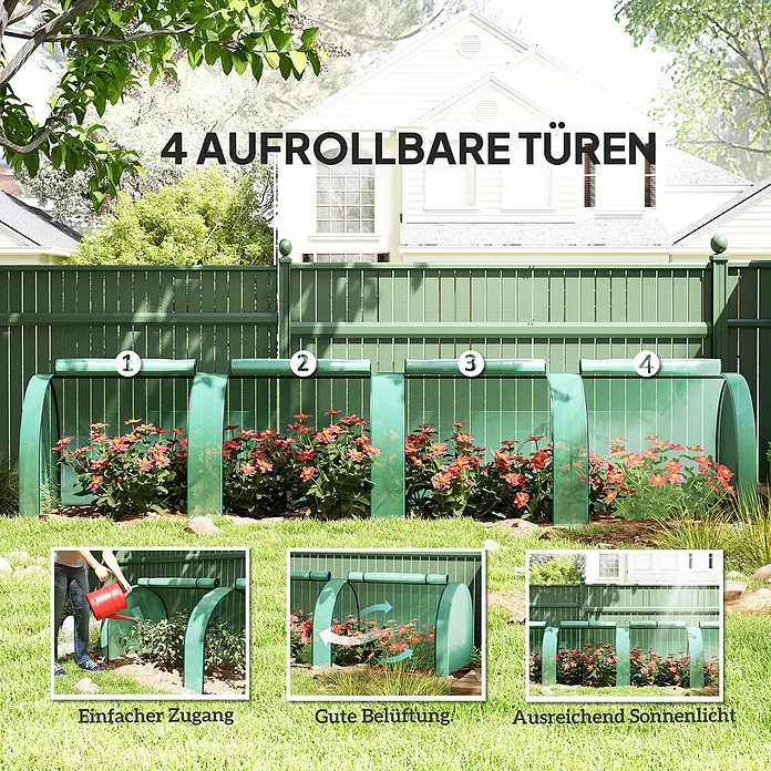 Outsunny Gewächshaus - 395 x 100 cm, Material Seitenwand: Kunststoff, 0,3 mm, Dunkelgrün - Vier grüne Pflanzenabdeckungen mit aufrollbaren Türen schützen blühende Pflanzen im Garten; Funktionen wie einfacher Zugang und Belüftung werden gezeigt.