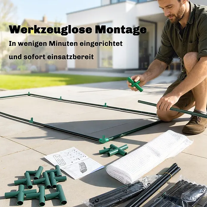 Outsunny Gewächshaus - Außenmaß inkl. Dachüberstand (B x T): 200 x 100 cm, Material Seitenwand: Kunststoff, 0,45 mm, Grün - Mann montiert ein Gewächshausgestell mit grünen Verbindern und schwarzen Rohren für werkzeuglosen, schnellen Aufbau.