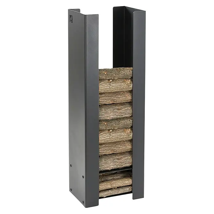 Holzkorb Irena - 53 x 34,5 x 110 cm, Stahl, Schwarz - Holzstapelständer aus Metall, gefüllt mit Brennholz, ideal für Kaminholz. Praktische und stilvolle Kaminholzaufbewahrung für den Innenbereich.