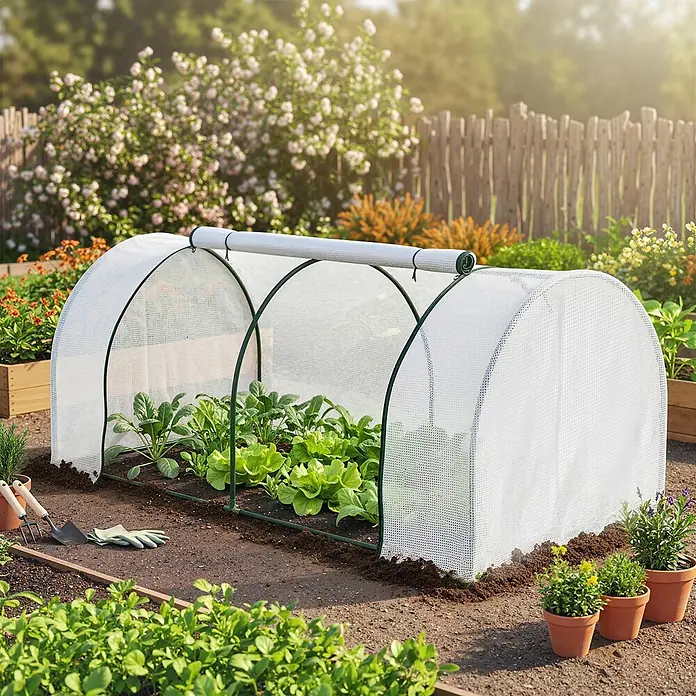 Outsunny Gewächshaus - Außenmaß inkl. Dachüberstand (B x T): 200 x 100 cm, Material Seitenwand: Kunststoff, 0,45 mm, Grün - Weißes perforiertes Mini-Gewächshaus mit grünem Rahmen, schützt junge Pflanzen im Gartenbeet. Die Abdeckung ist zur Belüftung hochgerollt.