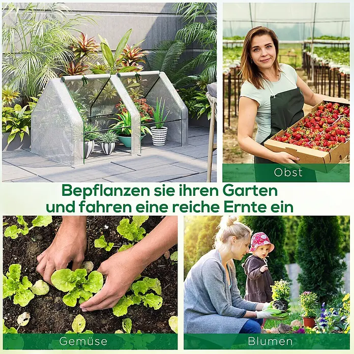 Outsunny Gewächshaus - 180 x 90 cm, Material Seitenwand: Kunststoff, 0,3 mm, Weiß - Zwei weiße Netz-Minigewächshäuser mit grünem Rand auf einer Terrasse, schützen Topfpflanzen.