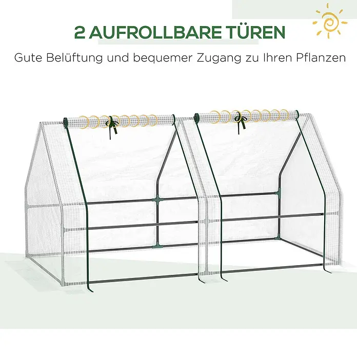 Outsunny Gewächshaus - 180 x 90 cm, Material Seitenwand: Kunststoff, 0,3 mm, Weiß - Zwei Mini-Gewächshäuser mit weißen Gitterabdeckungen und grünen Rahmen, mit aufrollbaren Türen für Belüftung und einfachen Zugang zu Pflanzen.