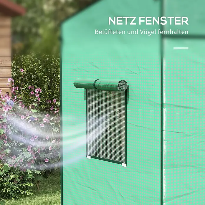 Outsunny Gewächshaus - Außenmaß inkl. Dachüberstand (B x T): 196 x 77 cm, Material Seitenwand: Kunststoff, 0,3 mm, Grün - Grünes Gewächshaus mit aufgerolltem Netzfenster für Belüftung und zum Fernhalten von Vögeln.