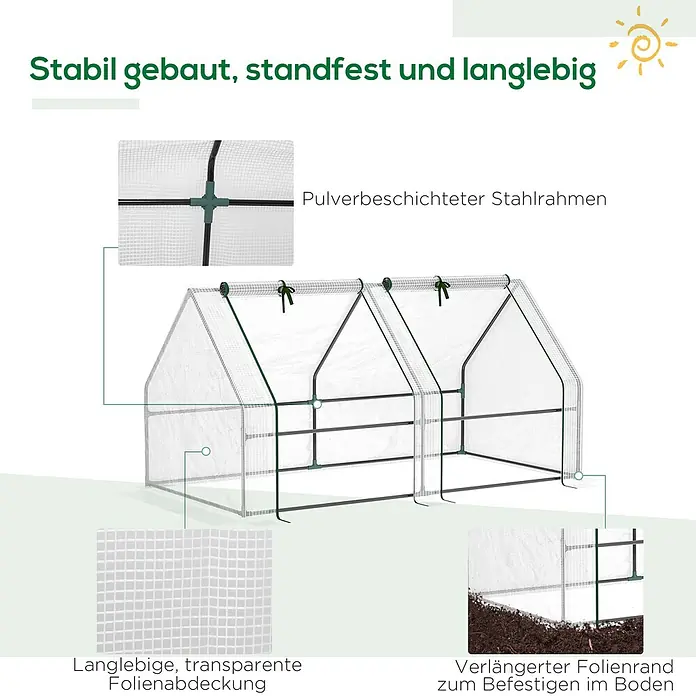 Outsunny Gewächshaus - 180 x 90 cm, Material Seitenwand: Kunststoff, 0,3 mm, Weiß - Zwei verbundene Mini-Gewächshäuser mit pulverbeschichtetem Stahlrahmen und transparenter Folienabdeckung.