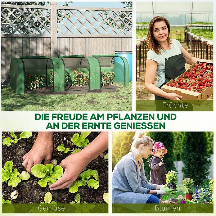 Outsunny Gewächshaus - 295 x 100 cm, Material Seitenwand: Kunststoff, 0,3 mm, Grün - Grüne Pflanztunnel zum Anbau von Gemüse, Obst und Blumen im Garten.