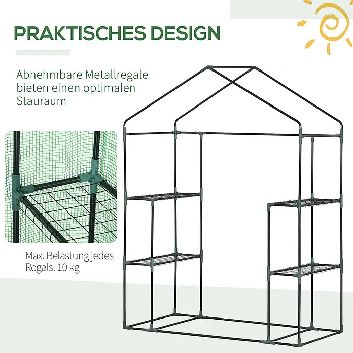 Furnicato Gewächshaus - Außenmaß inkl. Dachüberstand (B x T): 141 x 191 cm, Material Seitenwand: Stahl, 14 mm, silber - Tragbares Gewächshausgestell mit dunklen Stangen, grünen Verbindungsstücken und herausnehmbaren Metallregalen, je 10 kg belastbar.