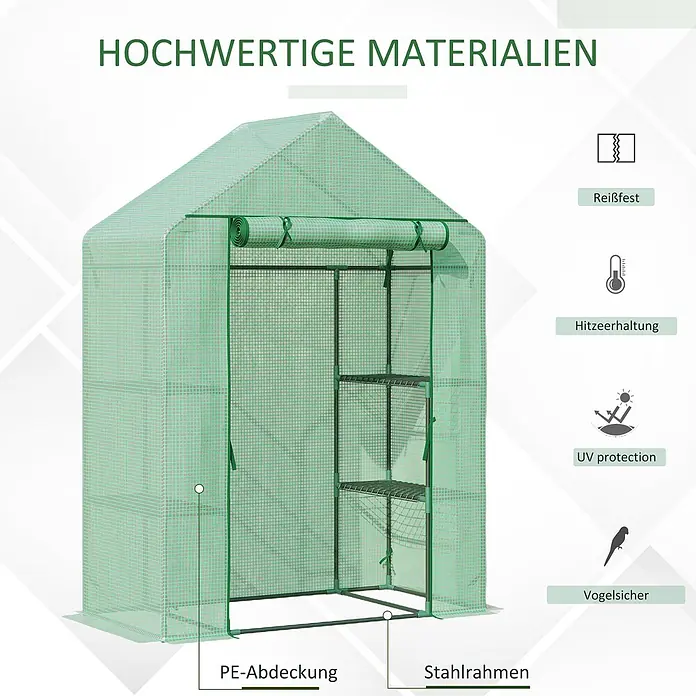 Furnicato Gewächshaus - Außenmaß inkl. Dachüberstand (B x T): 141 x 191 cm, Material Seitenwand: Stahl, 14 mm, silber - Grünes Gewächshaus mit PE-Abdeckung und Stahlrahmen, reißfest, wärmeisolierend, UV- und vogelsicher.
