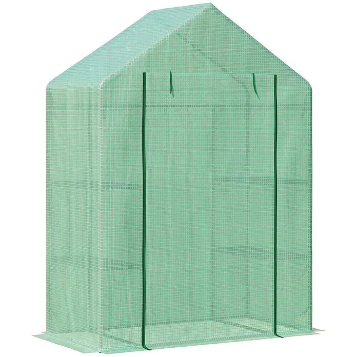 Furnicato Gewächshaus - Außenmaß inkl. Dachüberstand (B x T): 141 x 191 cm, Material Seitenwand: Stahl, 14 mm, silber - Freistehendes begehbares Gewächshaus mit durchscheinender grüner Gitterabdeckung und Reißverschluss-Frontöffnung.